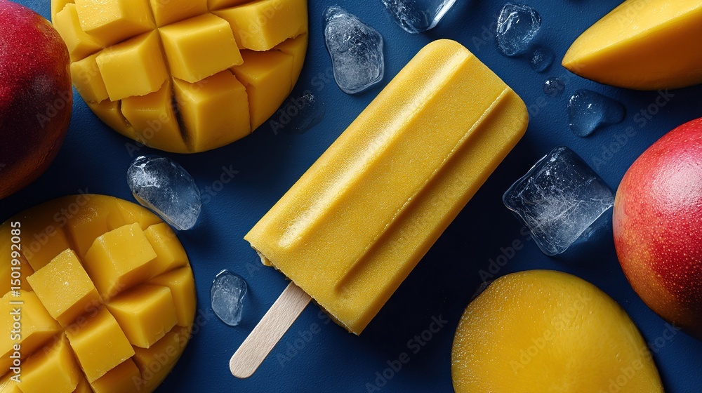 Poster a close-up of a popsicle with mango and apple slices on a blue surface with ice cubes and fruit