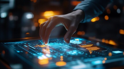 A hand interacting with a futuristic holographic display.