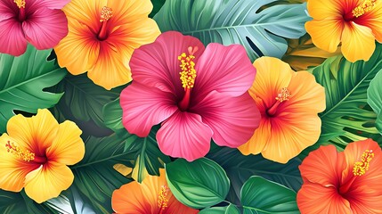 Vibrant hibiscus flowers and tropical leaves create a lush floral design.