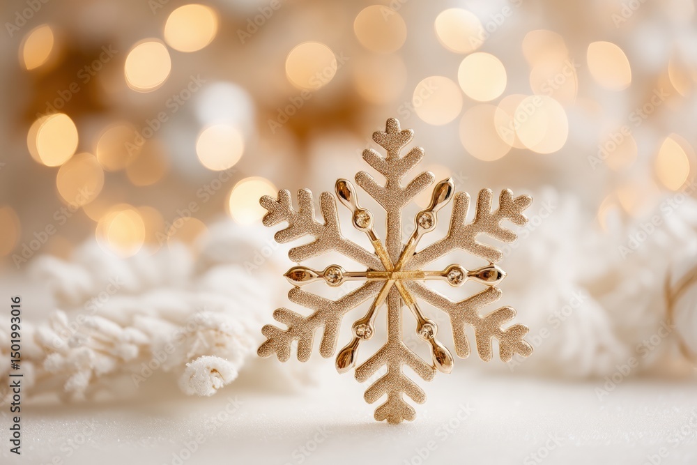 Sticker close-up of a delicate snowflake resting on a wooden table with soft natural light.