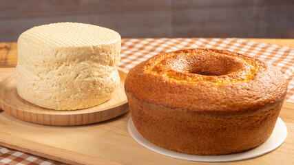 Breakfast table, breakfast table in Brazil with cake and cheese on table with tablecloth, selective focus.