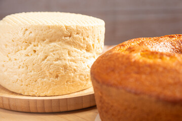 Breakfast table, breakfast table in Brazil with cake and cheese on table with tablecloth, selective focus.