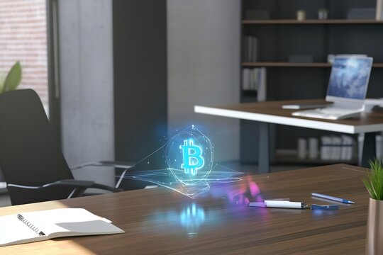 Digital currency concept with a luminous Bitcoin hologram projected onto a modern office desk, symbolizing the intersection of finance, technology, and virtual innovation