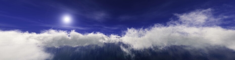 Cloudscape, sun among clouds, flight among clouds, panorama of clouds, banner of clouds, 3d rendering