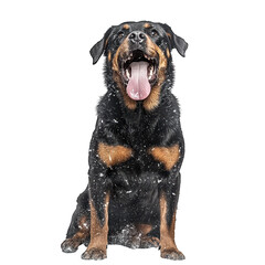 Rottweiler dog with open mouth covered in snow