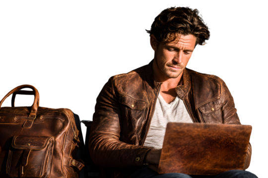 Man in brown leather jacket using laptop computer