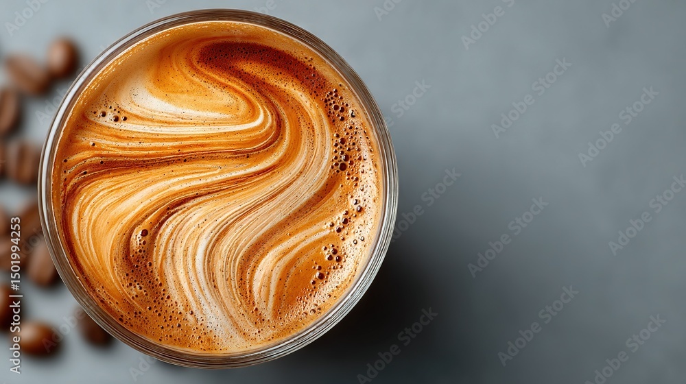 Poster overhead view of a cup with swirled foam and coffee beans on its side