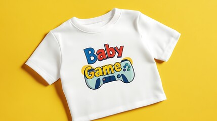 Colorful graphic print of baby  controller on a white t-shirt.