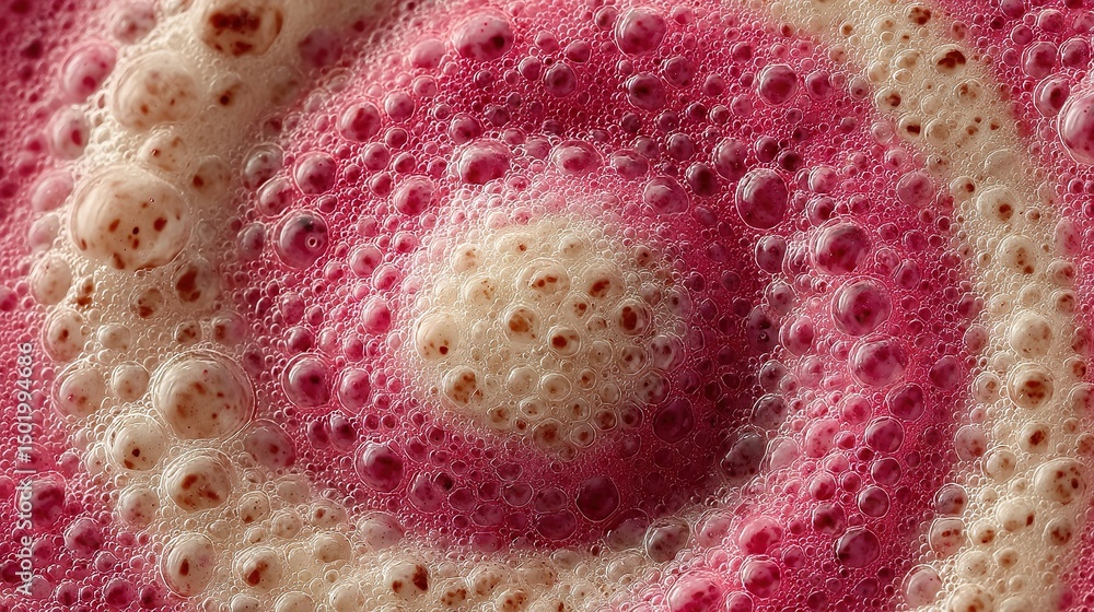 Poster a close-up image of a pink and white object featuring a circular pattern centered around its circumf