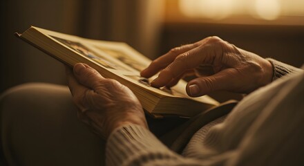 Soft Focus Image of Senior Person Recalling Memories Through Photos