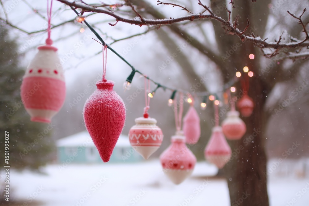 Canvas Prints snow-covered tree adorned with colorful hanging ornaments in a bright winter daytime setting.