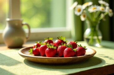 A wooden plate holds fresh red strawberries on a green tablecloth. A ceramic jug and a vase with daisies are in the background, illuminated by natural light.
