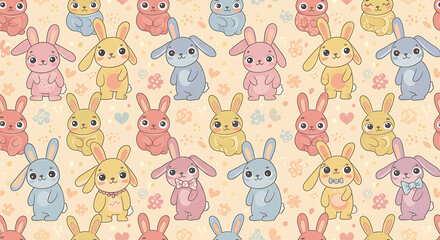 Obraz premium Cute Cartoon Bunny Pattern with Flowers and Hearts