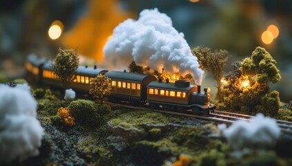 Enchanted Journey: A Miniature Steam Train's Nocturnal Voyage Through a Whimsical Landscape