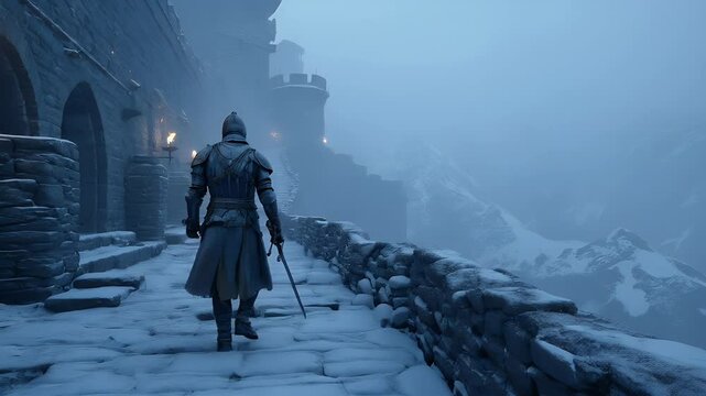Medieval knight patrols snowy mountain fortress