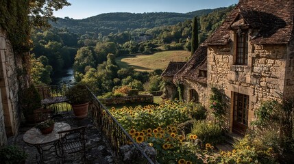 Fototapeta premium A sunflower-filled stone house sits on a riverside valley backdrop