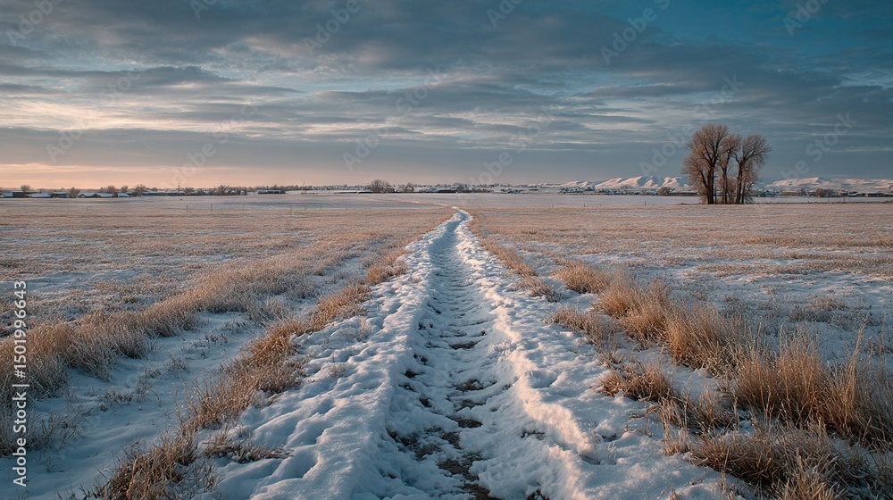 Aufkleber a snow-covered field features a solitary tree in the distance and a path running through its center