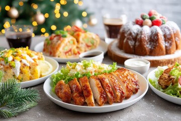 Plates of grilled chicken, fresh salad, and assorted dishes on a wooden table in natural light.