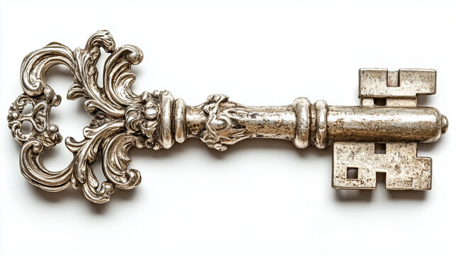 A grandmaster key from the 1800s, thick and heavy, exuding mystery, set against a white background.
