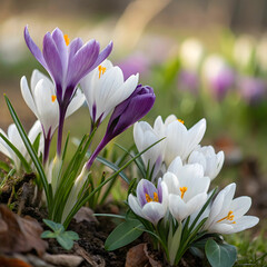 Fototapeta premium purple and white crocuses with green leaves