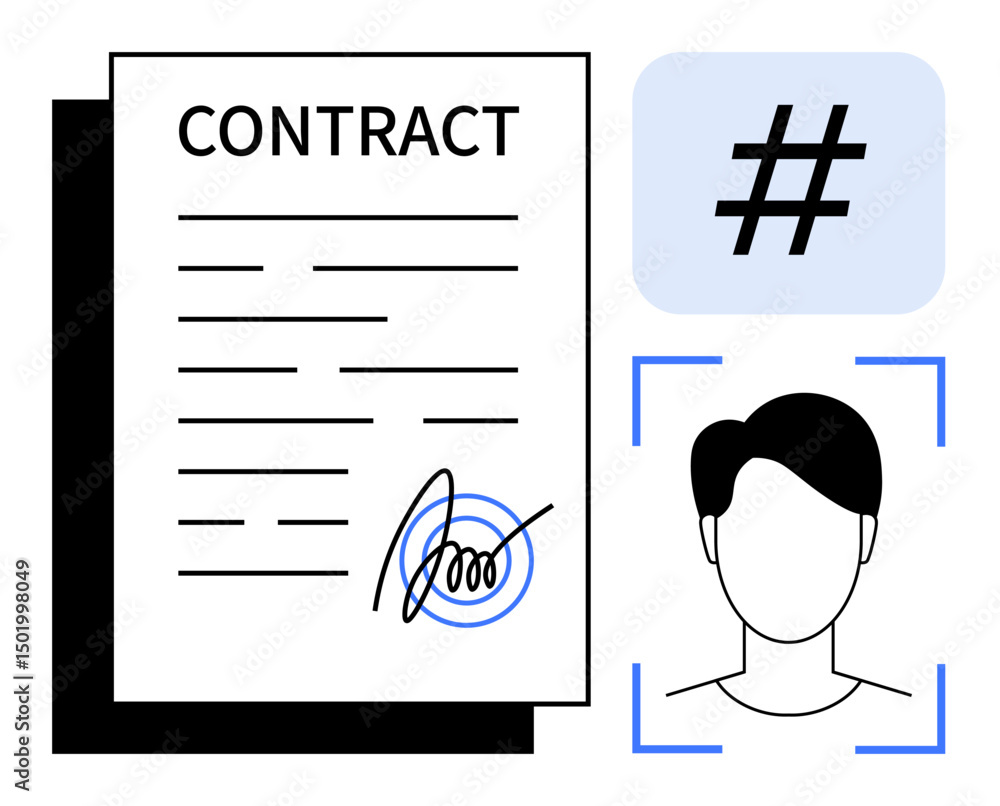 Poster digital contract with signature, facial icon for identity verification, and metadata tag symbol. ide