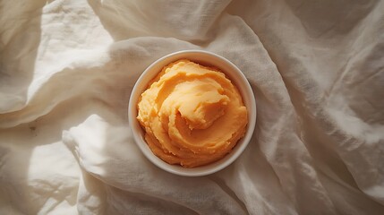 A Bowl of Mashed Sweet Potatoes on a White Cloth