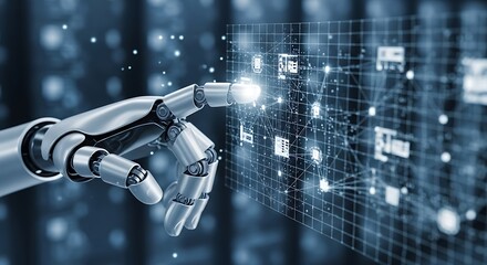 Robot Hand Touching Digital Screen Interface Technology Concept