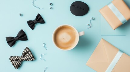 Gift giving arrangement with coffee and bows.