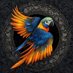 Obraz premium Detailed illustration of a macaw in flight, surrounded by ornate patterns.