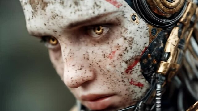 Exploring the intricate design and emotion of a futuristic humanoid robot in a post-apocalyptic world with stunning details and captivating expressions