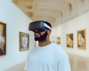 Minimal portrait of man wearing VR headset in modern art museum and while interacting with invisible digital artwork, , revealing quiet artistry