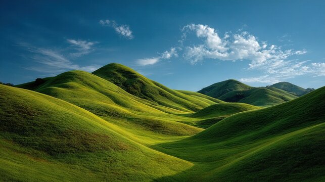   A panorama of rolling green hills dotted with wildflowers, bathed in azure skies and flanked by wispy white clouds