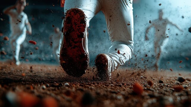 A close-up view of a baseball player's cleats running on the field.