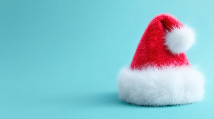 Red and white Santa hat with white pom pom on plain white background, festive holiday accessory.