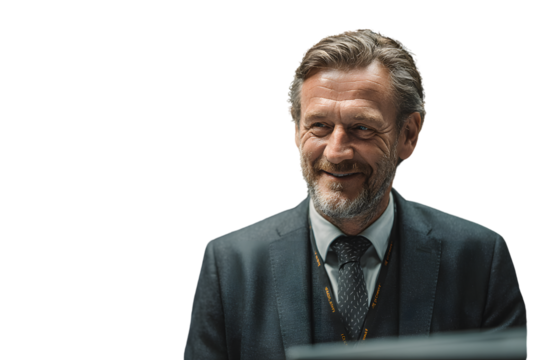 Professional Man in Business Suit with Lanyard Smiling and Engaged in a Corporate Environment
