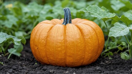 Rough-skinned orange pumpkin with a bright hue in front of a soft green garden background. Harvest season, autumn warmth.