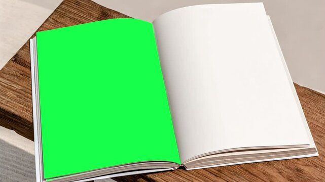 Open book for live mockup, placed on a wooden surface, ideal for design presentations, animation, transparent 4K video, green screen