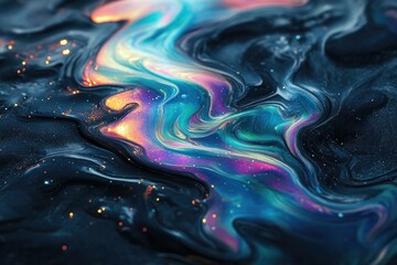 An abstract display of flowing, iridescent liquid with dark background and golden sparks, evoking cosmic and artistic themes.