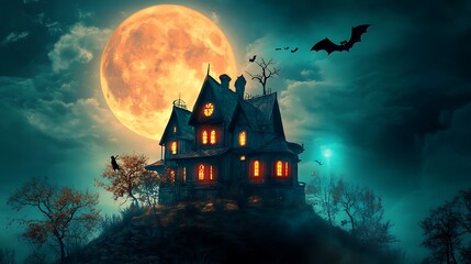 Haunted house at night under a large moon.