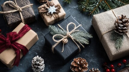 Close-up of colorful wrapped presents stacked on a wooden table, perfect for holiday or celebration themes.