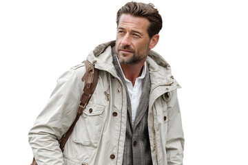 Obraz premium A man in a stylish beige jacket with a backpack exuding confidence and readiness for outdoor a