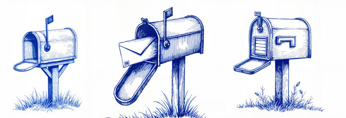 Sketch of a toy mailbox with letters, a box with an open door and an empty mailbox written in blue ink symbolizing communication and nostalgia for stationery design