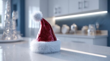 Red and white hat placed on a light-colored countertop in a bright indoor setting.