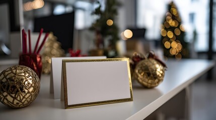 Close-up of a holiday greeting card on a wooden table with a decorated Christmas tree blurred in the background.