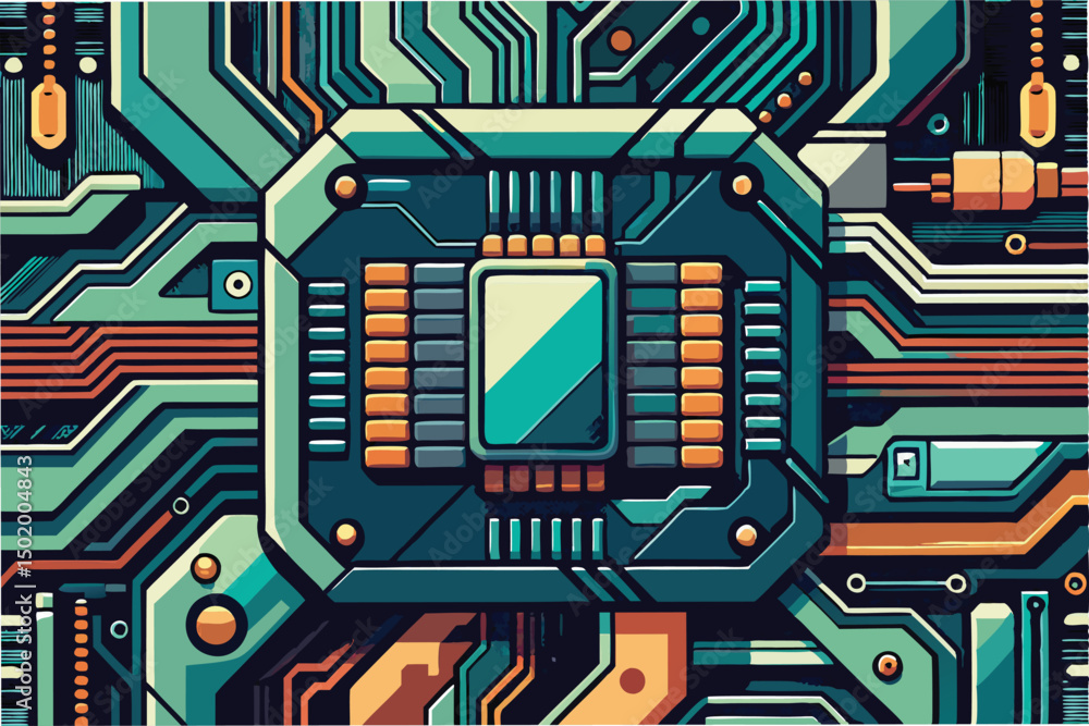 Poster colorful vector illustration of a detailed circuit board featuring a central processing unit and int