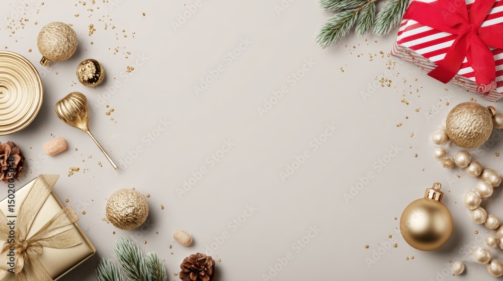 Wall mural festive christmas decorations and wrapped gifts arranged on a white background with ample copy space