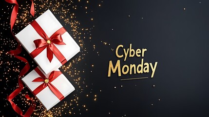 White gift boxes with red ribbons, celebrating cyber monday.