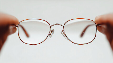 minimalist image of eyeglasses held by hands with bright background, concept of vision clarity, focus, and optical correction in clean modern style
