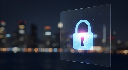 Cybersecurity Concept with Glowing Padlock on Transparent Digital Interface