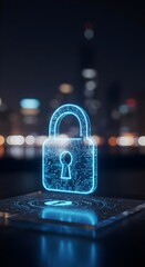 Encrypted Digital Padlock on Glass Panel Against Futuristic Skyline